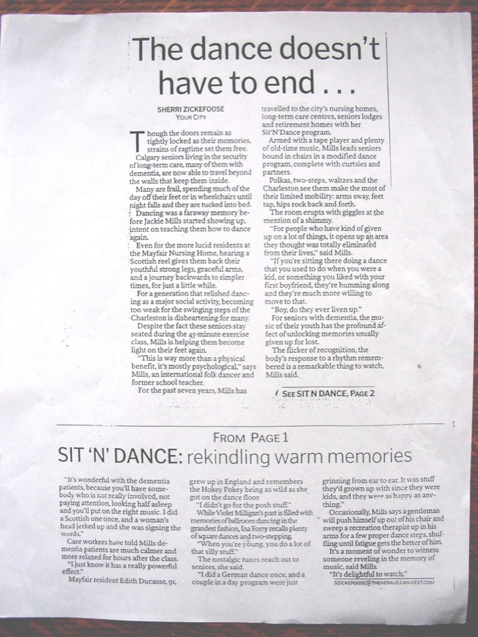 a newspaper article about sit and dance group classes
